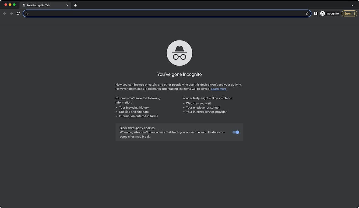 A screenshot of Chrome's Incognito mode.