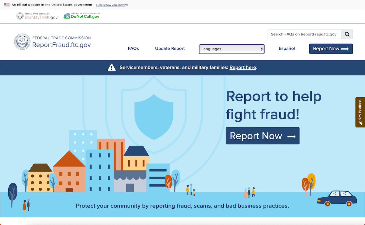 A screenshot showing how to report a scam to the FTC.