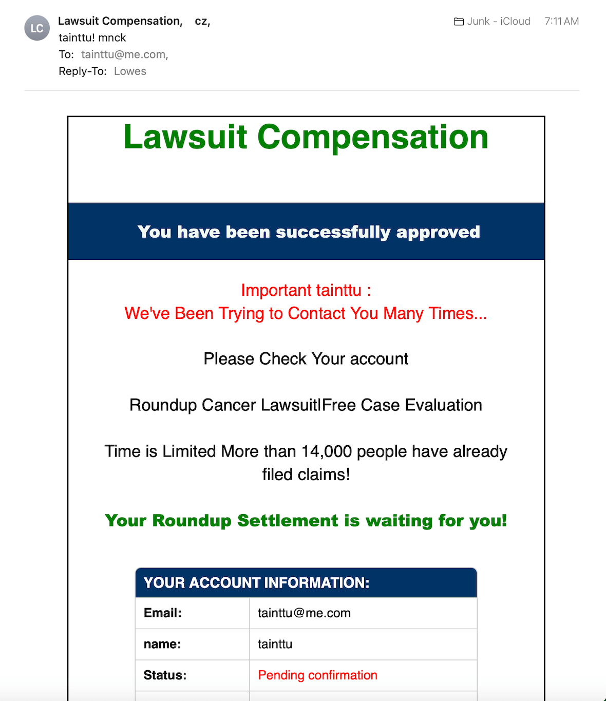 A screenshot of a social engineering email using a lawsuit.
