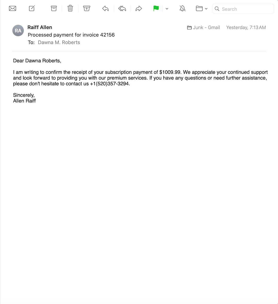 A screenshot of a phishing email scam.