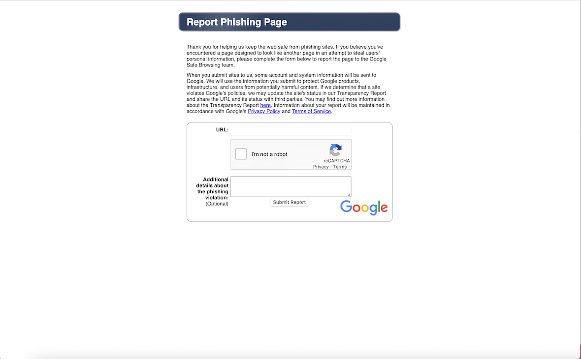 A screenshot showing how to report a scam website to Google.