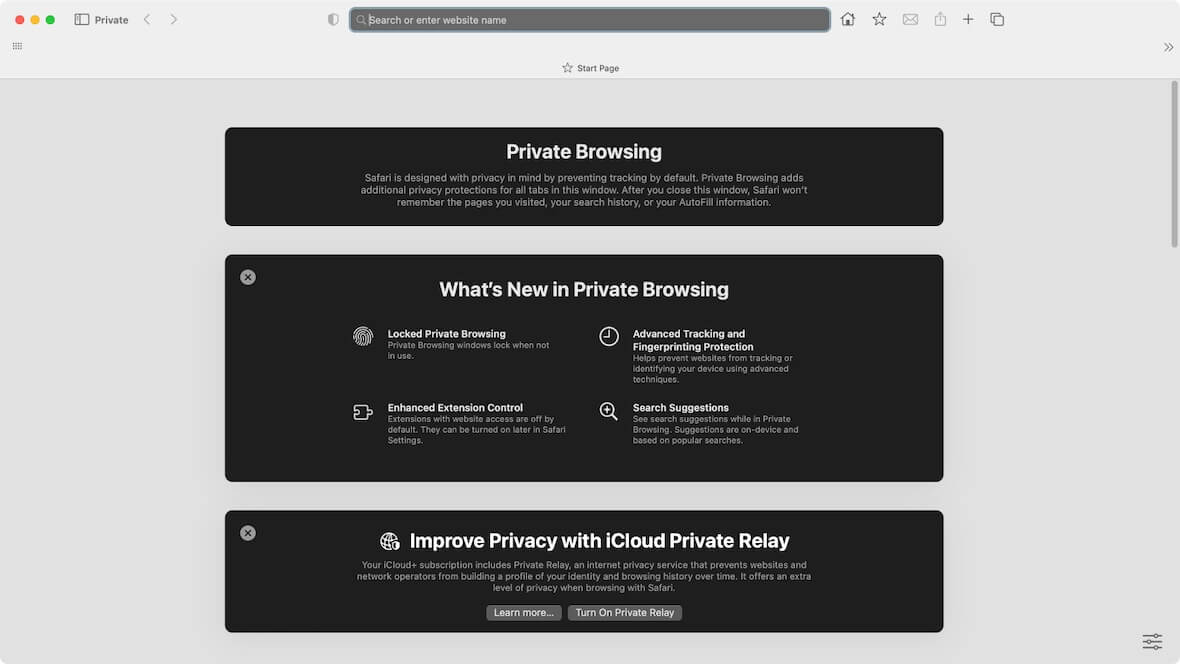 A screenshot of Safari's private browsing window.