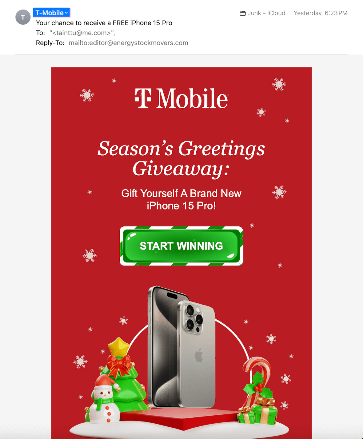 A screenshot of a social engineering email using a prize.