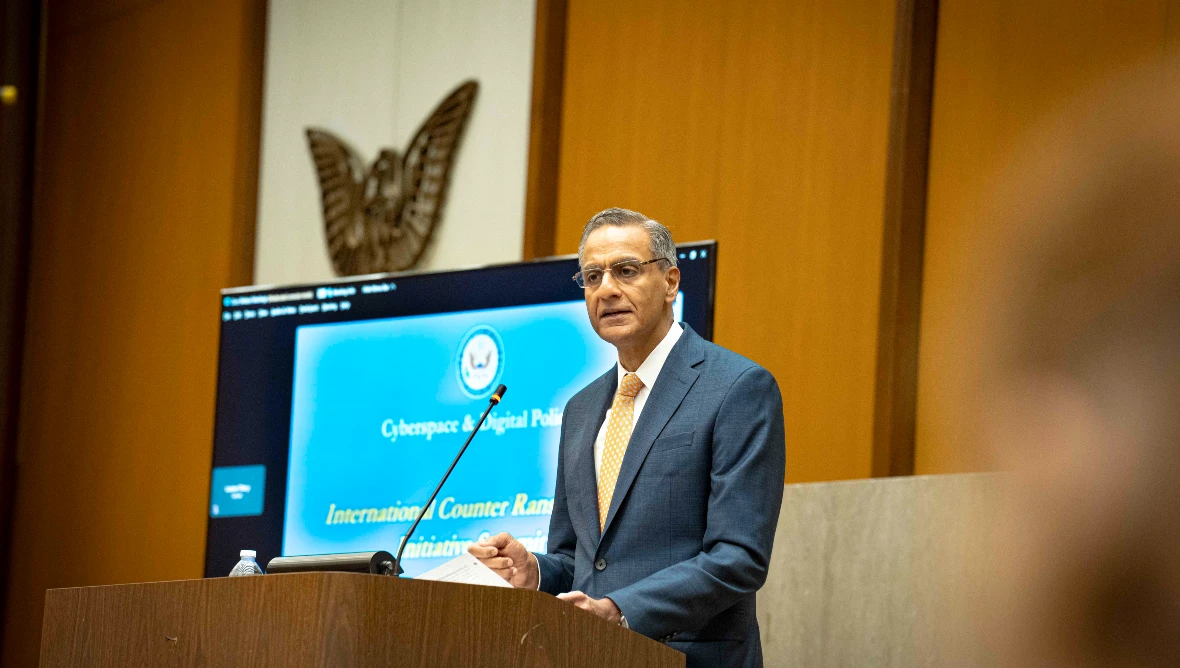Image of Deputy Secretary Richard Verma speaking at the International Counter Ransomware Initiative Summit at the Department of State in Washington, D.C., November 1, 2023.