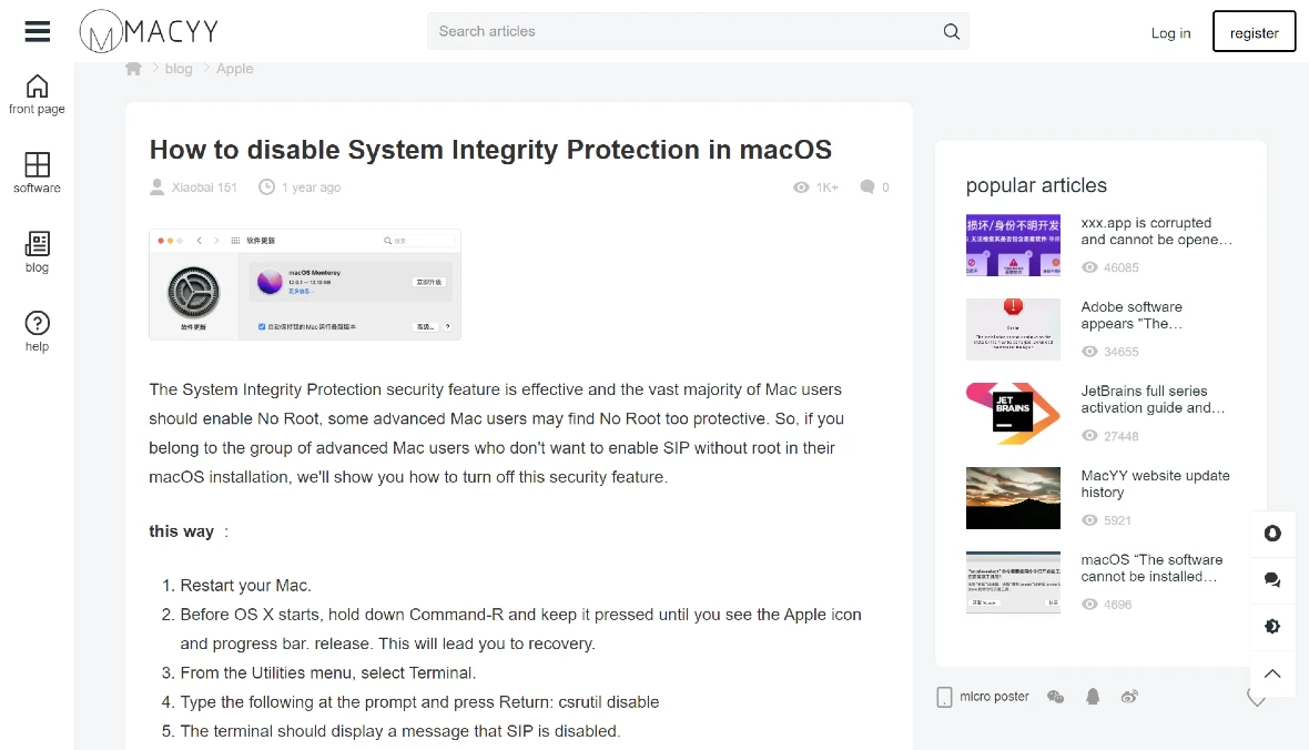 An image of the Macyy Blog giving users dangerous advice on how to disable Apple's System Integrity Protection.