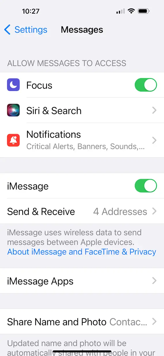 A screenshot of the Messages privacy settings.