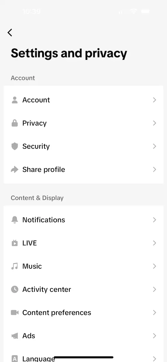 A screenshot of TikTok's privacy settings.