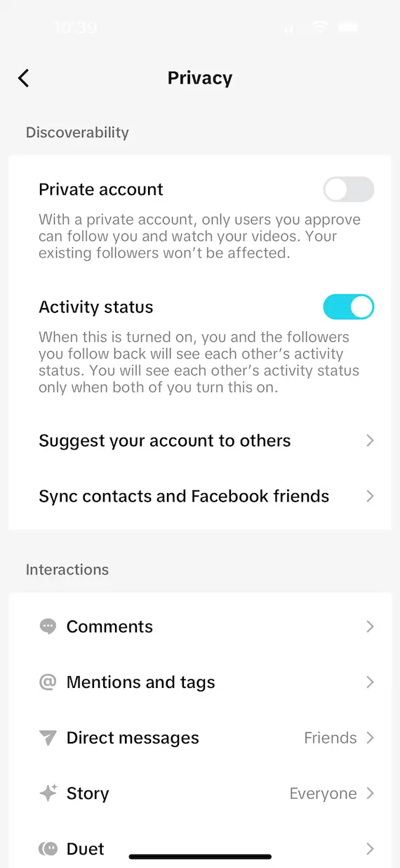 A screenshot showing how to set a TikTok account to private.