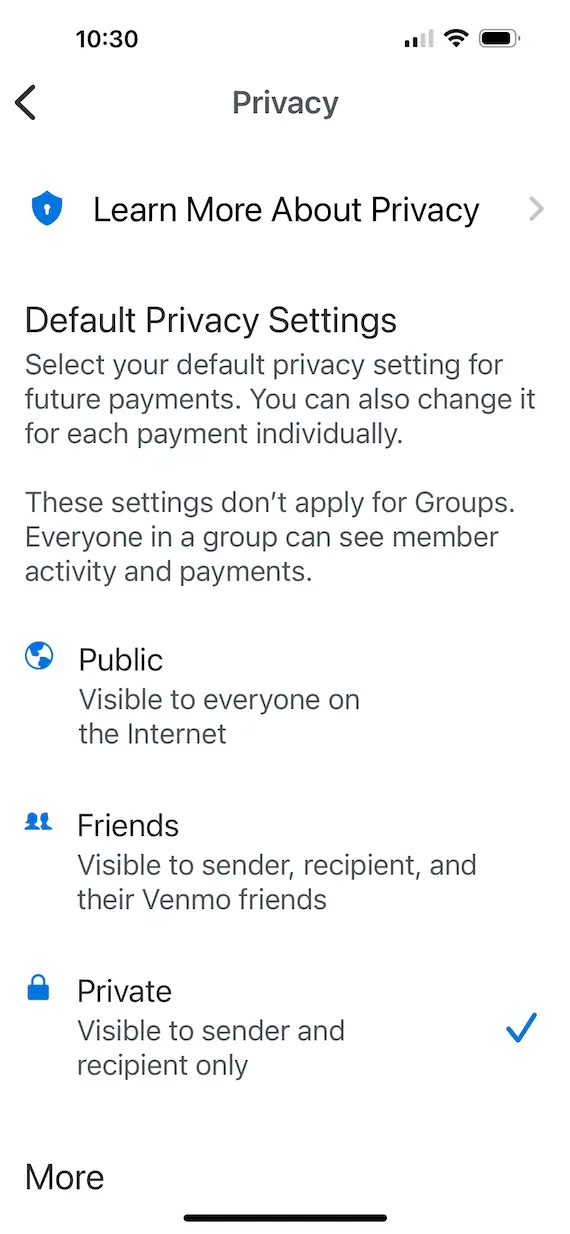 A screenshot showing how to change a Venmo account to Private.