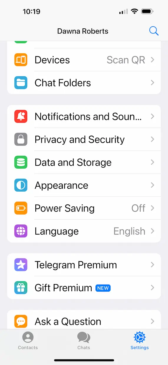 A screenshot of the Telegram private chat app.
