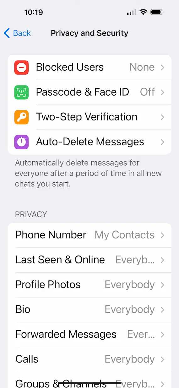 A screenshot of Telegram's privacy settings.