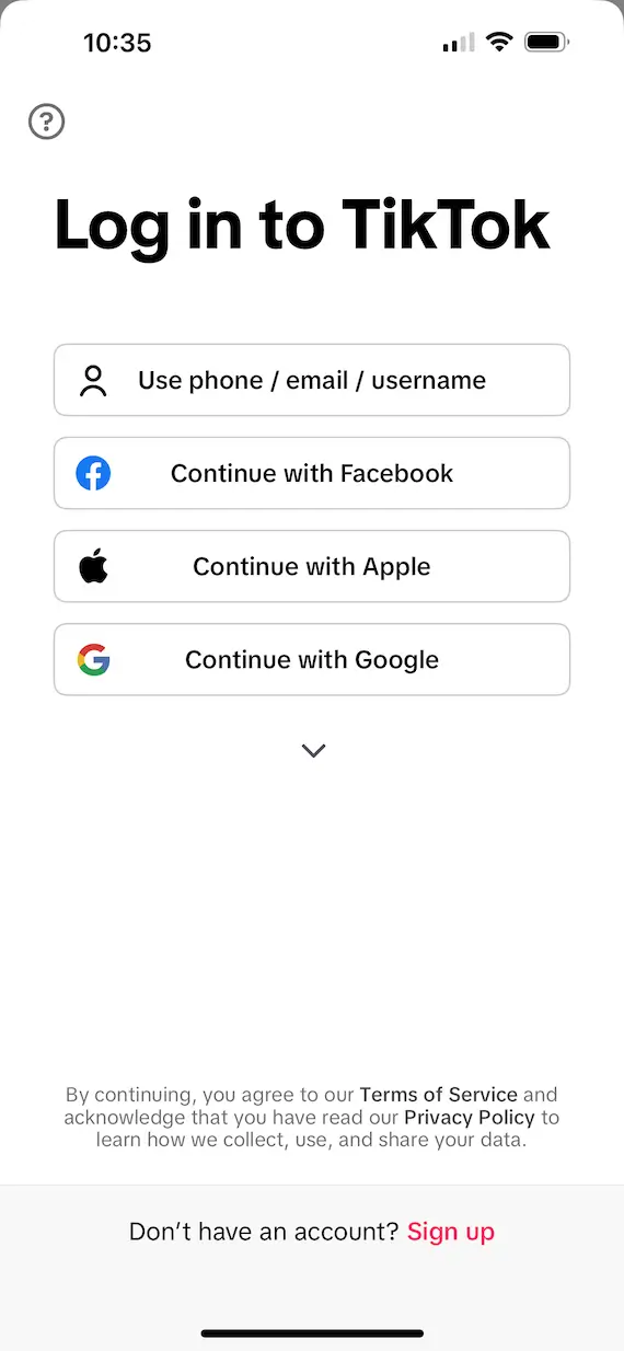 A screenshot of the screen allowing users to sign up or log in to TikTok.