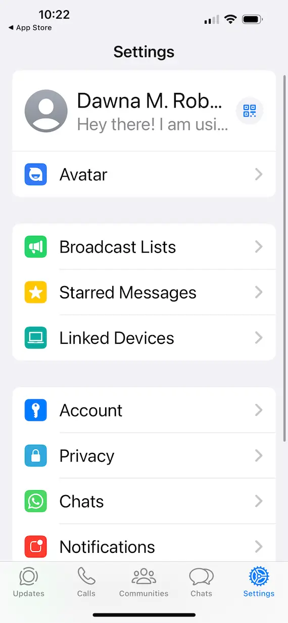 A screenshot of the Settings of the WhatsApp private chat app.