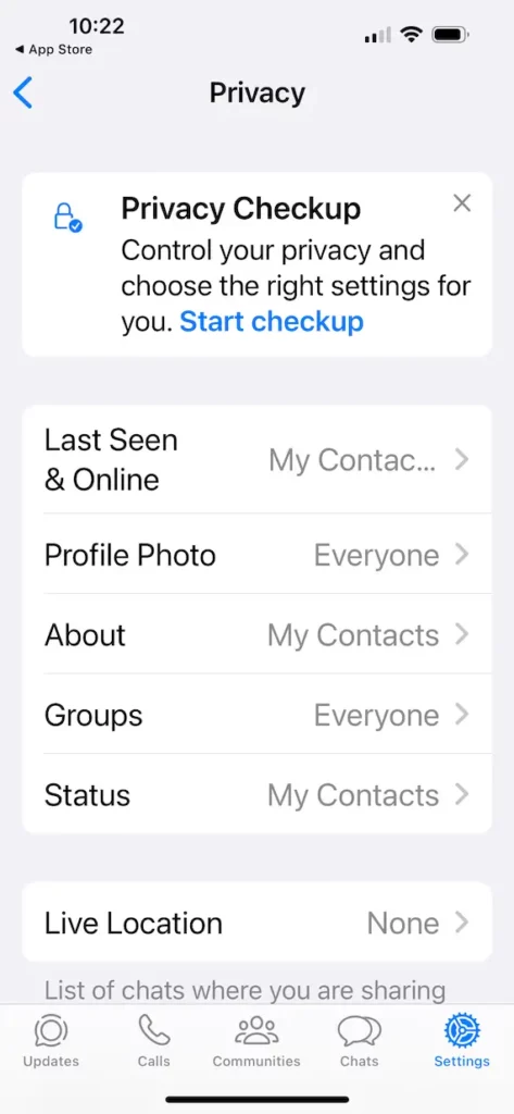 A screenshot of the WhatsApp privacy settings.