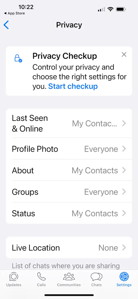 A screenshot of the WhatsApp privacy settings.
