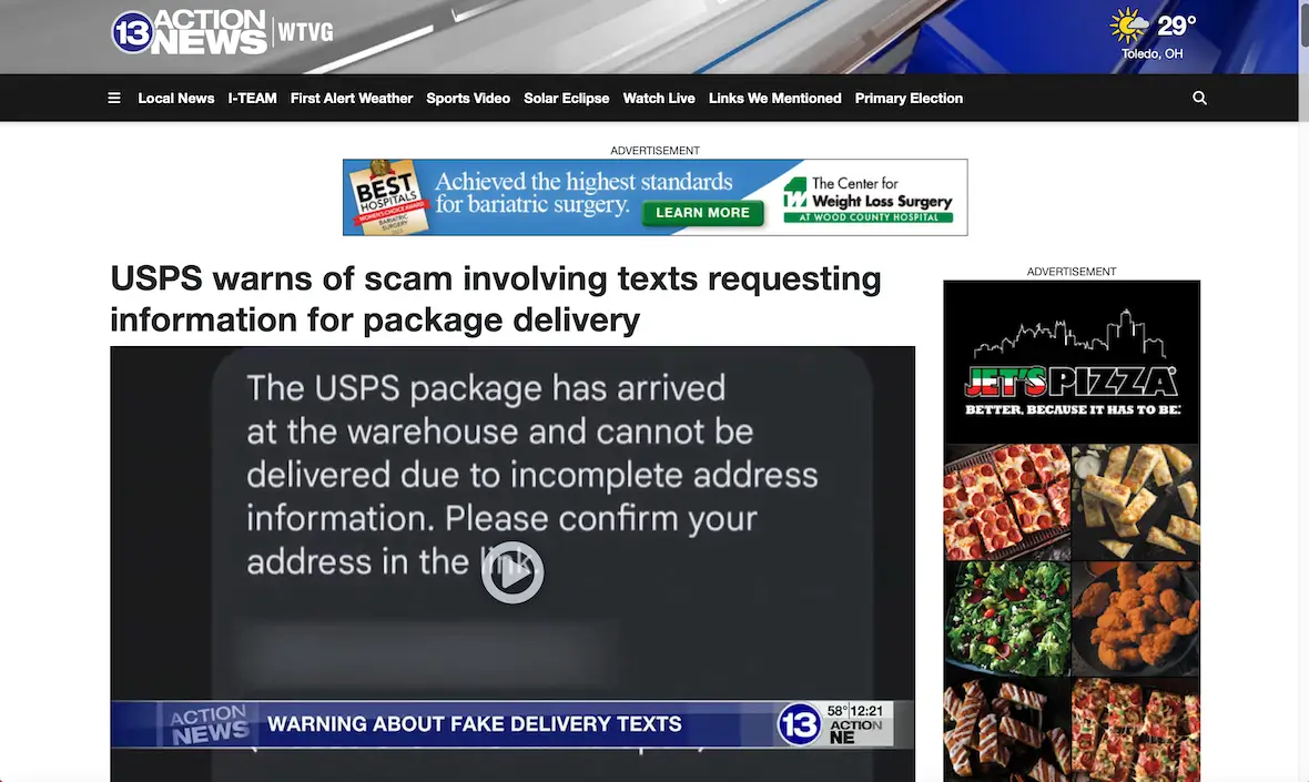A screenshot of a 13 Action News report on a USPS text scam.
