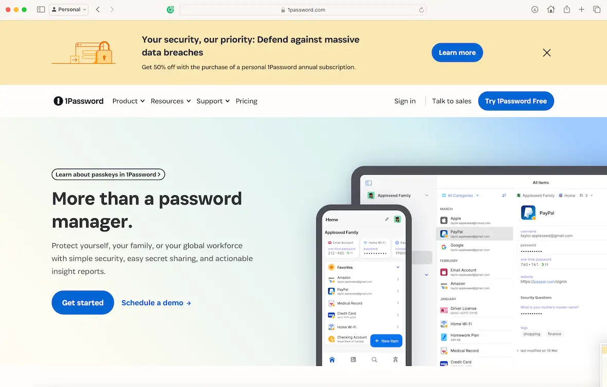 A screenshot of the 1Password homepage: a vault for secure passwords.
