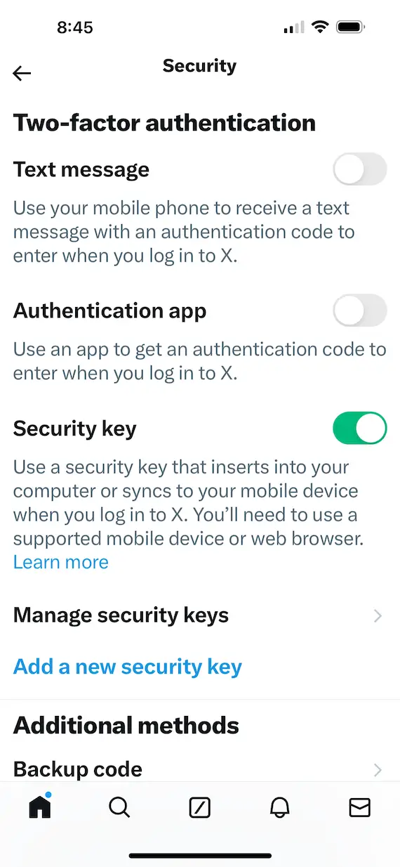 A screenshot showing how to enable a security key on Twitter (X).