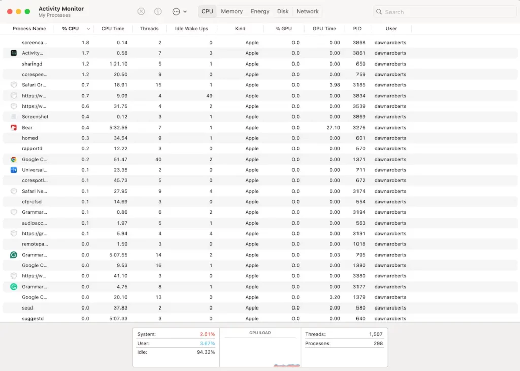 A screenshot of Activity Monitor in macOS showing a list of running processes.