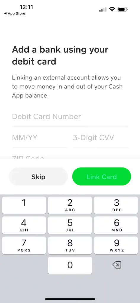 A screenshot showing how to link the Cash App to your bank account.
