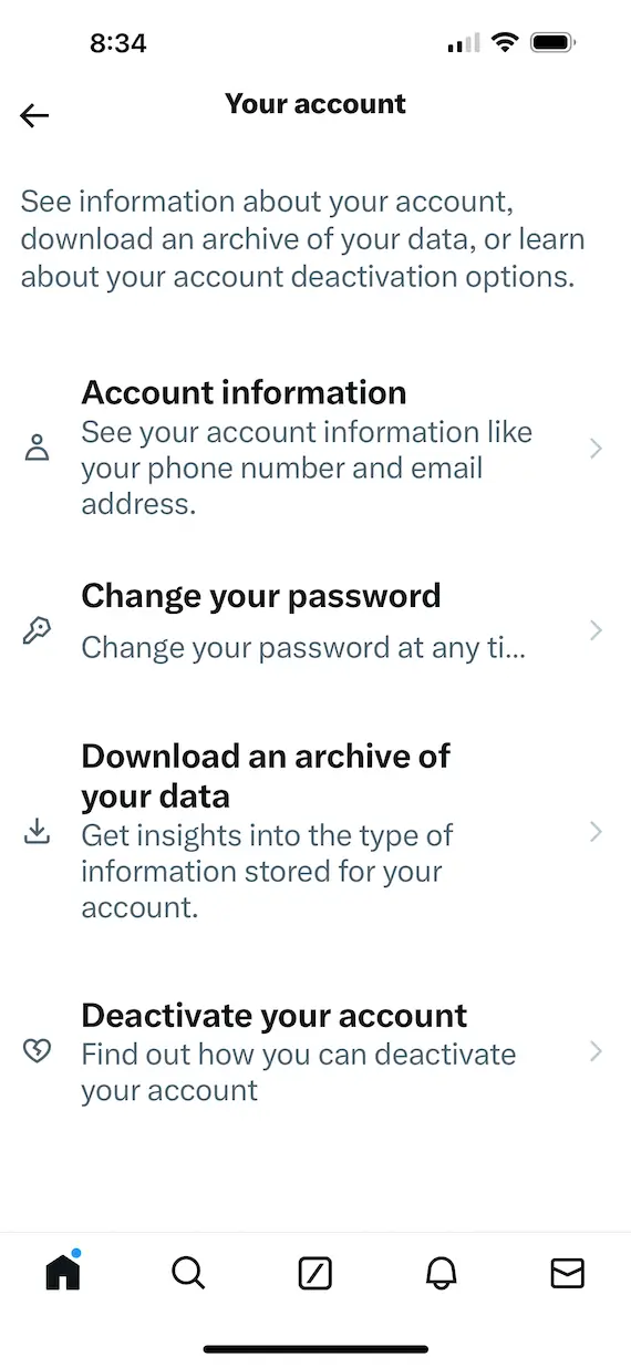 A screenshot showing how to change your Twitter (X) password after your account is hacked.
