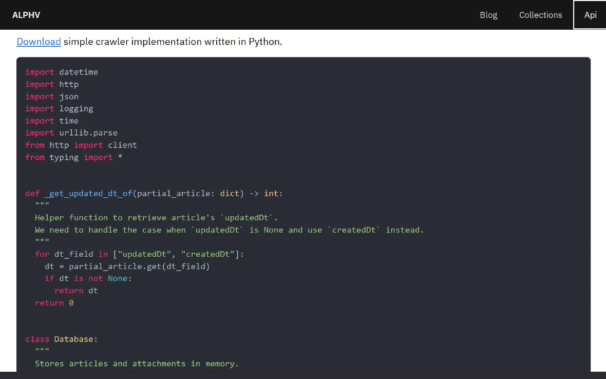 An image of an ALPHV Python written blog crawler code on its dark web.