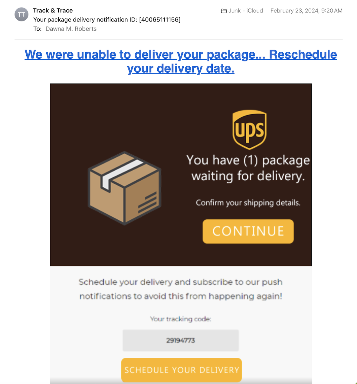 A screenshot of a delivery scam email.