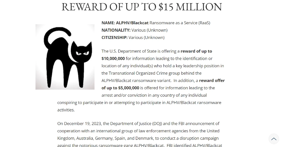 An image of the website of the US Department of State ALPHV/BlackCat reward information.