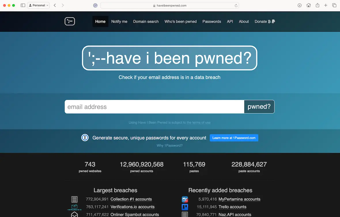 A screenshot of the Have I Been Pwned? homepage.