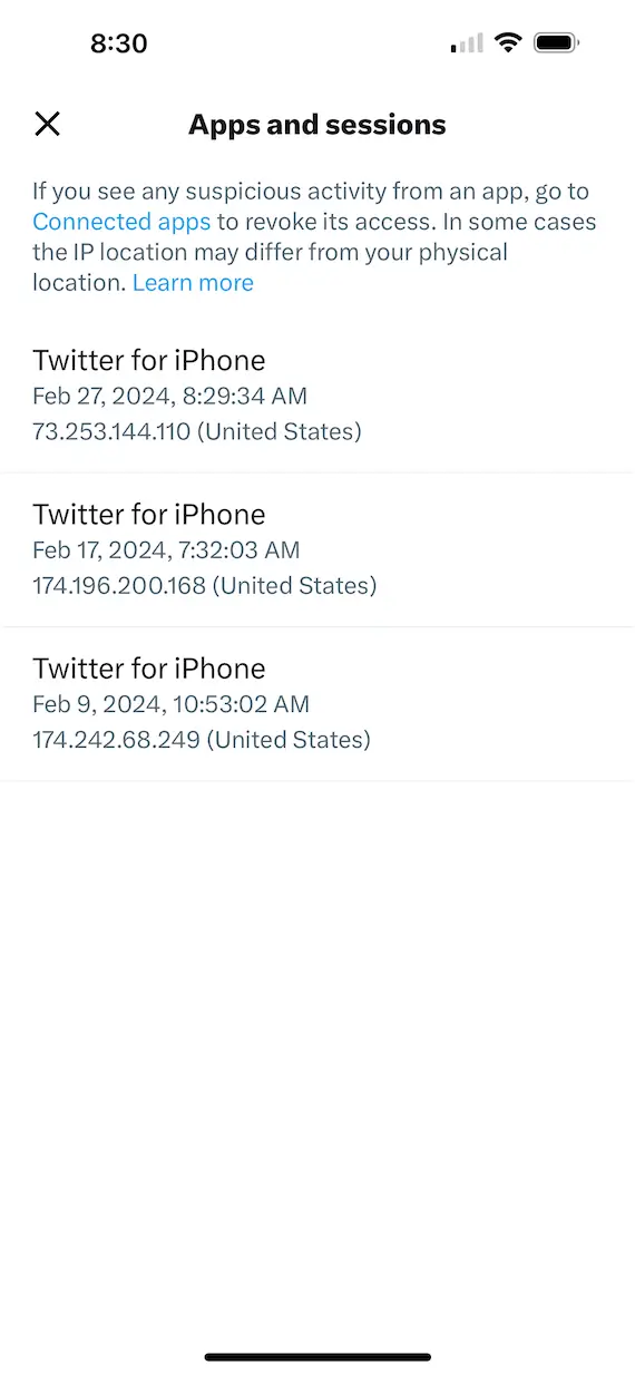A screenshot showing how to check for Twitter account sessions.