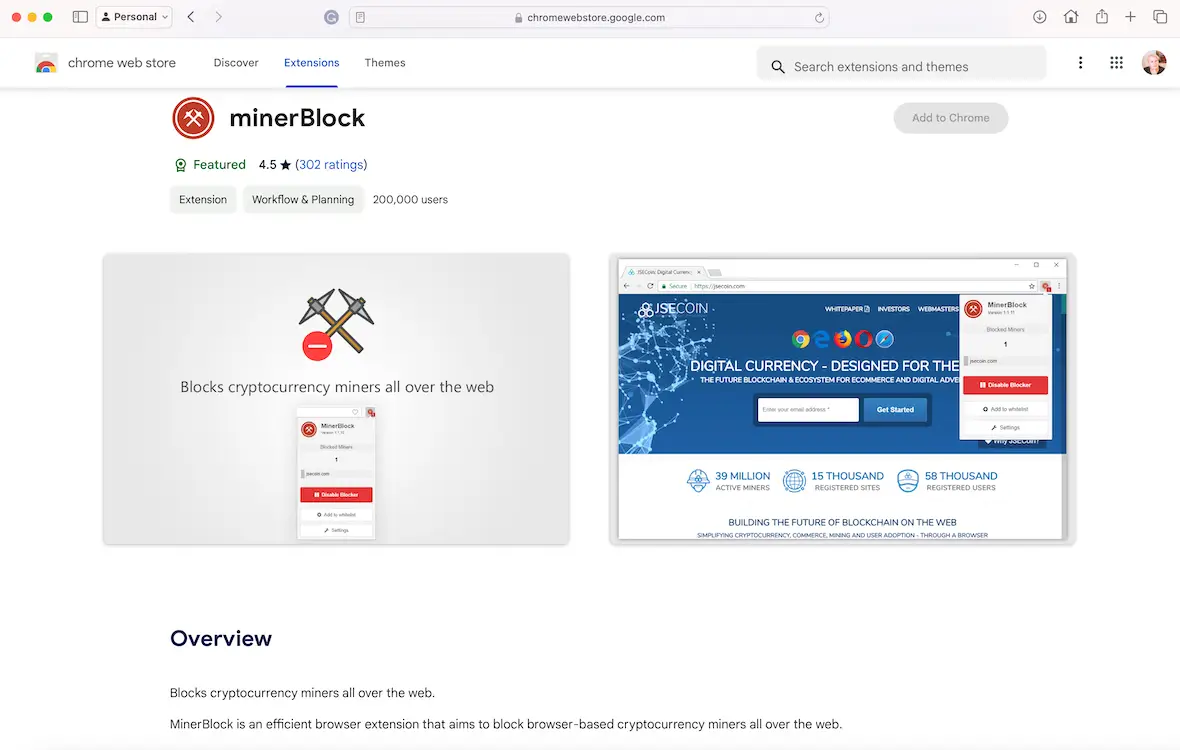 A screenshot showing the minerBlock extension.