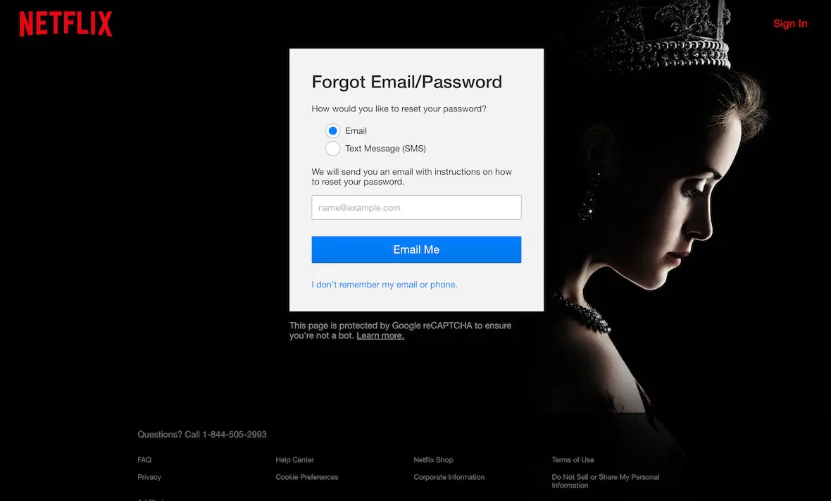 A screenshot of the Netflix Forgot Email/Password screen.