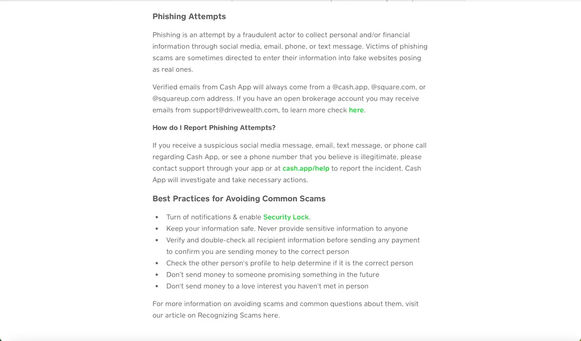 A screenshot showing how to report a Cash App scam.