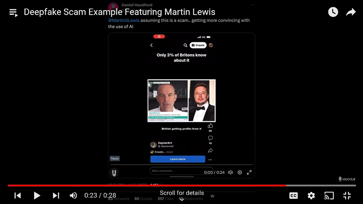 Image of a YouTube page listing an example of a deepfake for educational purposes.
