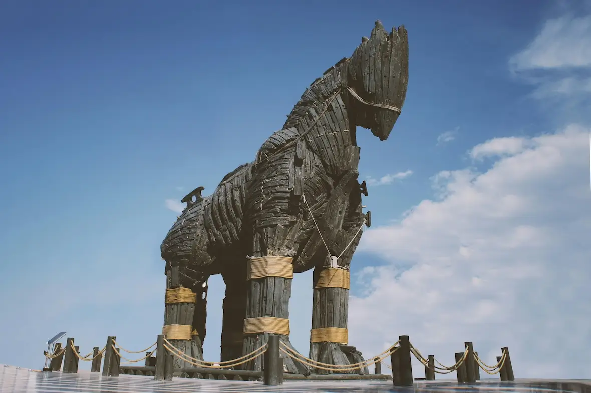An image of a recreation of the famous Trojan horse.