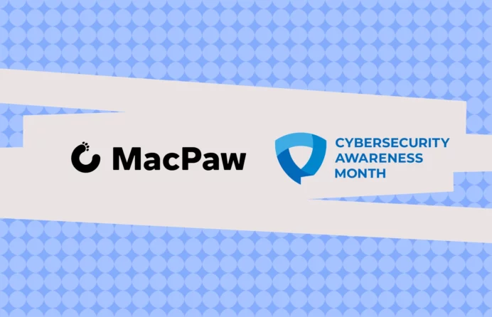 MacPaw logo next to a badge of the Cybersecurity Awareness Month Champion