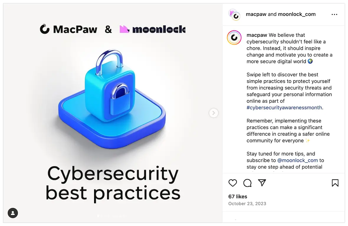 joint instagram post from macpaw moonlock on cybersecurity best practices