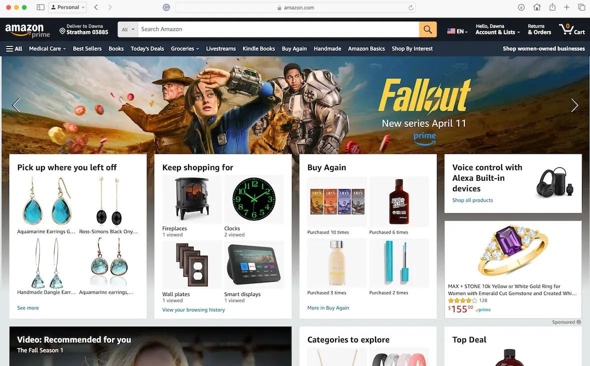 A screenshot of the Amazon.com homepage.