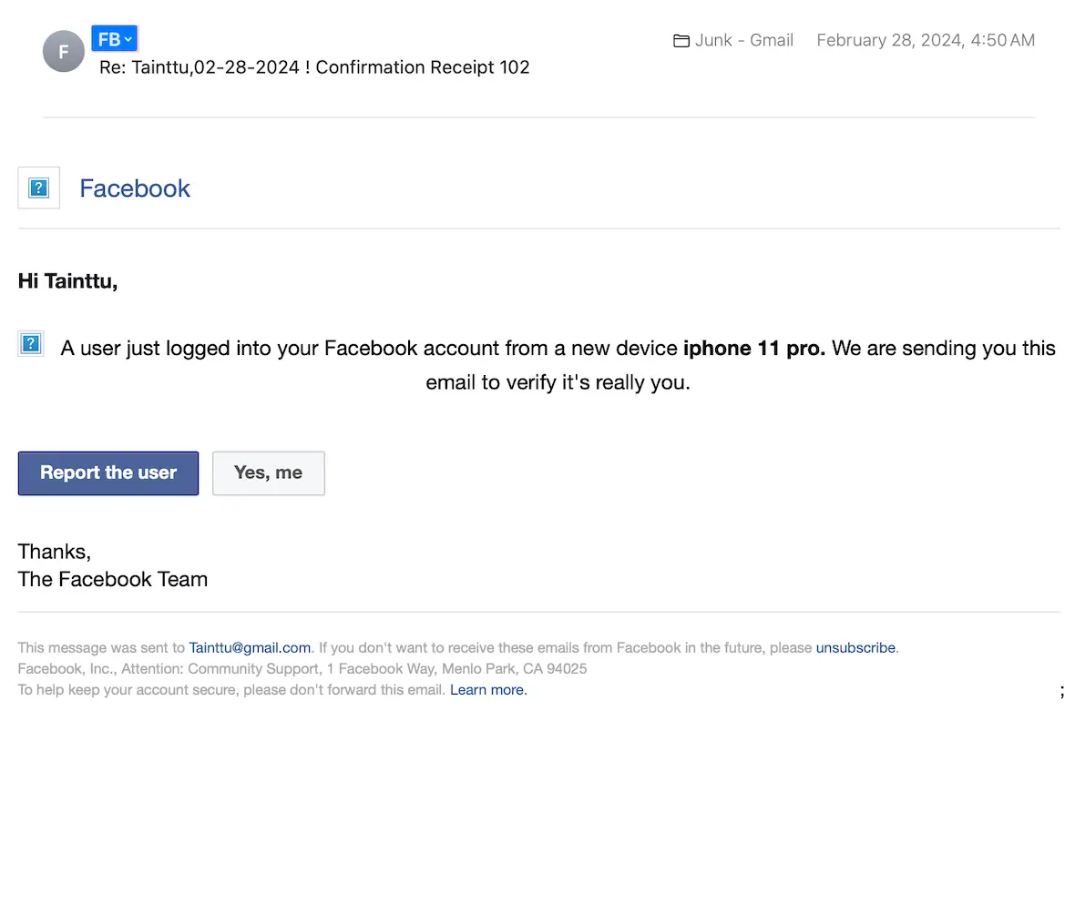 A screenshot of a Facebook phishing email.