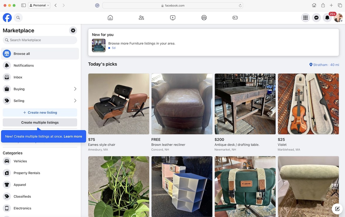 A screenshot of Facebook Marketplace, a common source of Facebook PayPal scams.