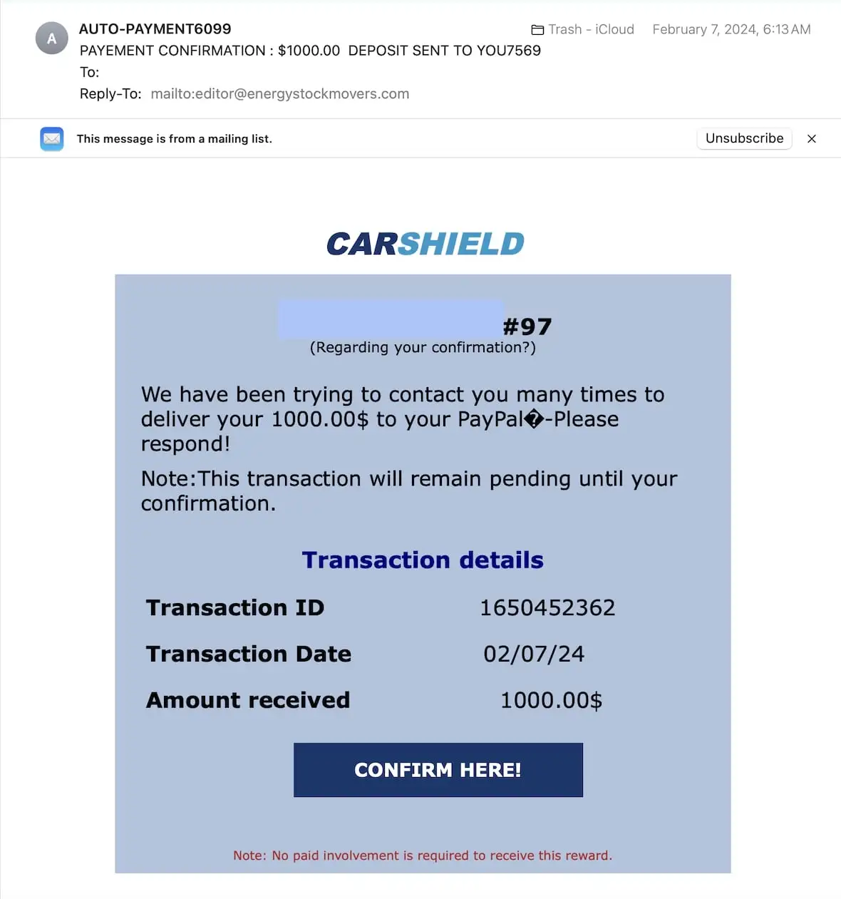 A screenshot of a "won a prize" PayPal scam.