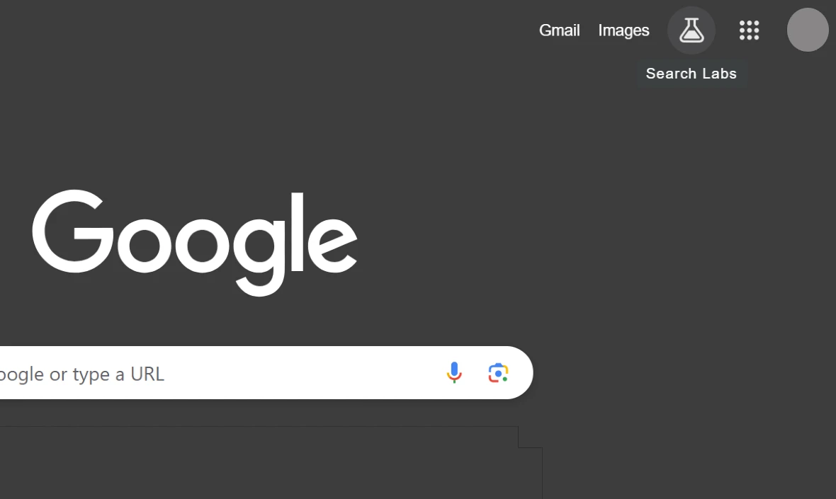 An image that shows how to access Search Labs by clicking its icon on the upper left of a Google Account.