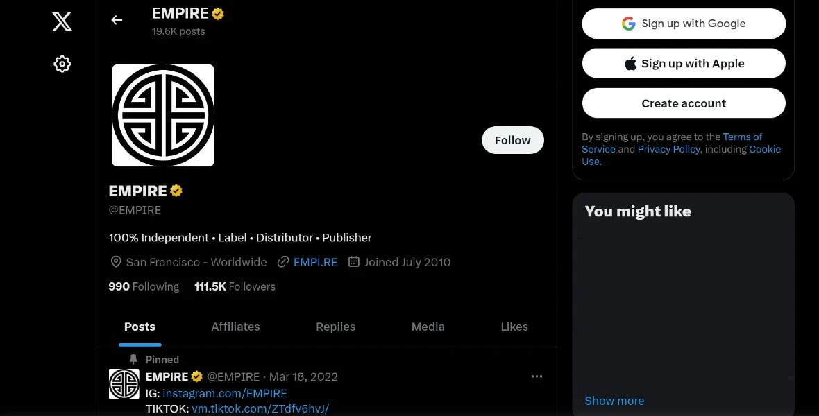 Image of Empire Twitter page, linked by research to the new macOS stealer.