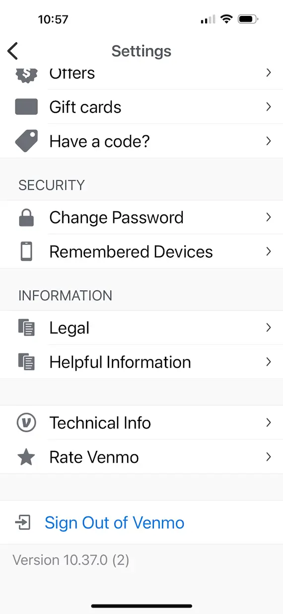 A screenshot of the Venmo settings page.