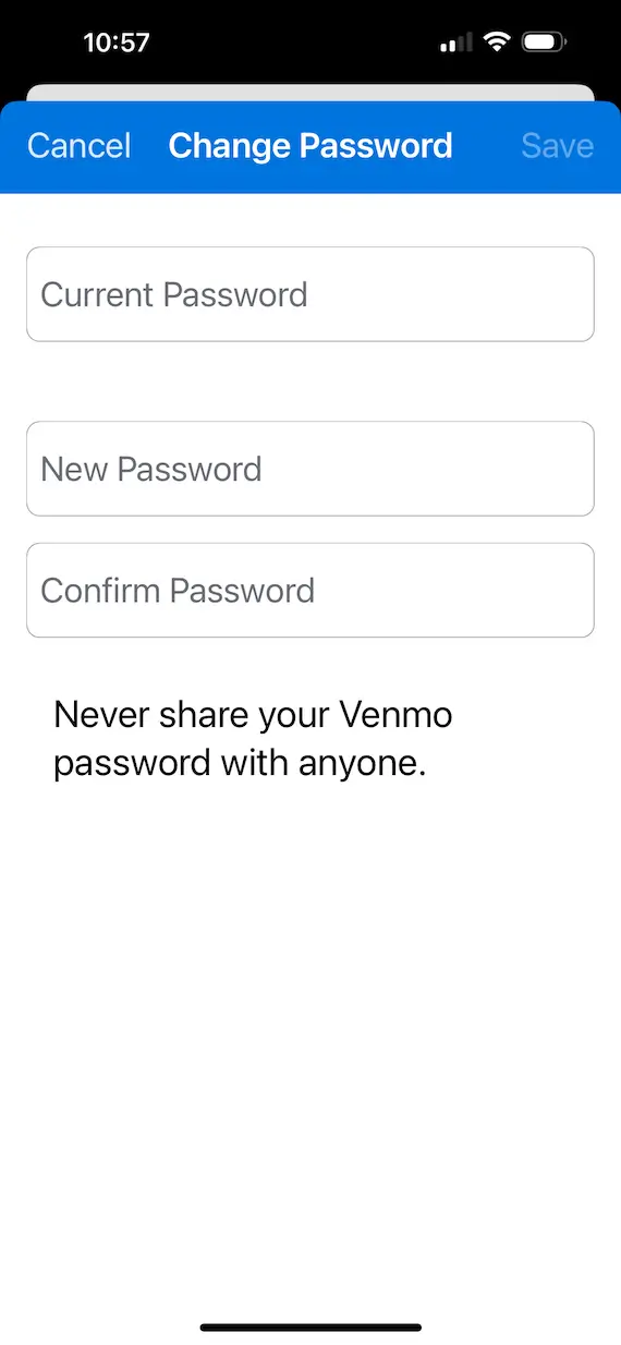 A screenshot showing how to change your password on Venmo.