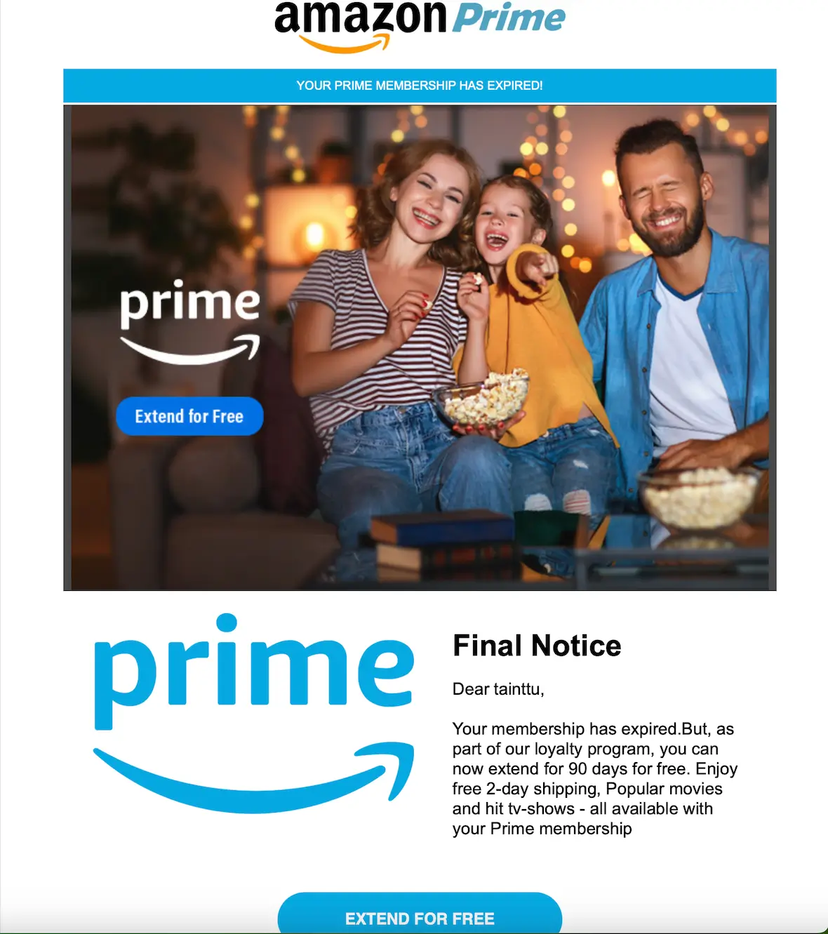 A screenshot of an example of an Amazon Prime scam.