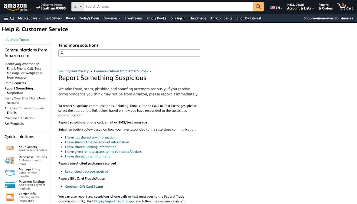 A screenshot showing how to teport Amazon scams.