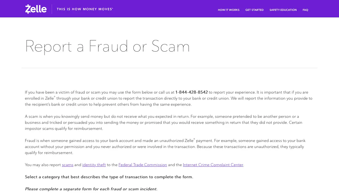 A screenshot showing how to report a Zelle scam.